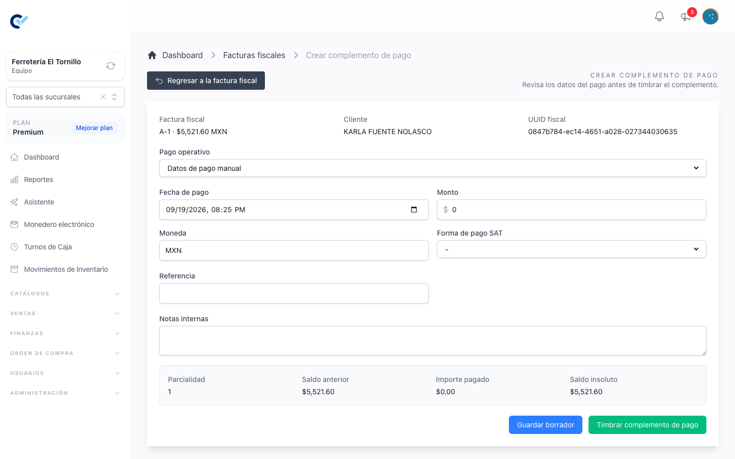 The payment complement screen