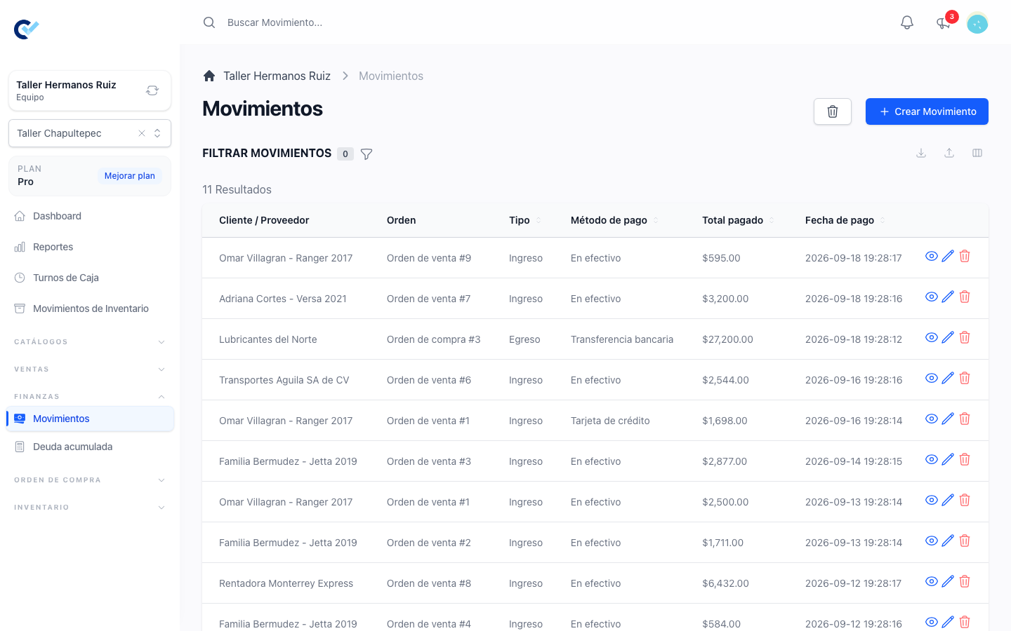 The movements list, with incomes and expenses