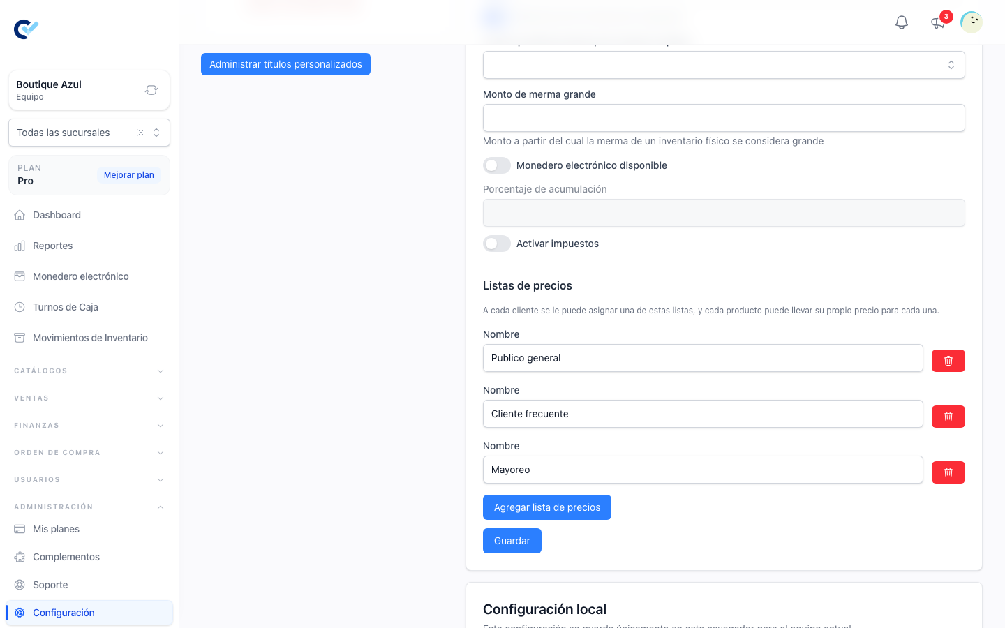 The price lists block in the general configuration