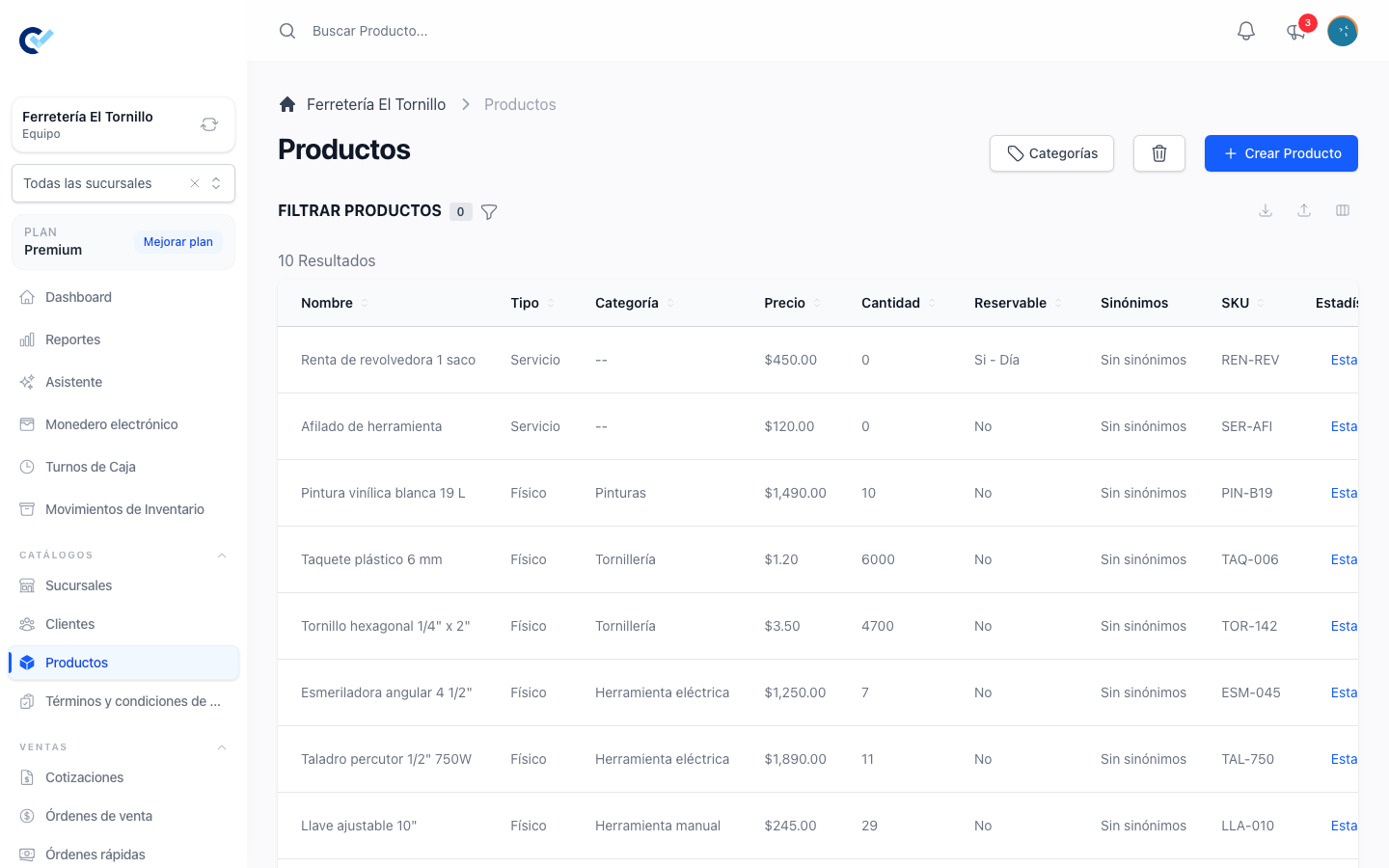 The products list with its stock