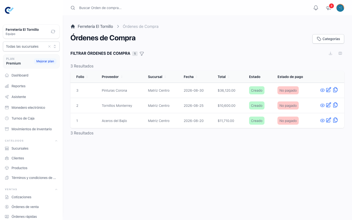 The purchase orders list