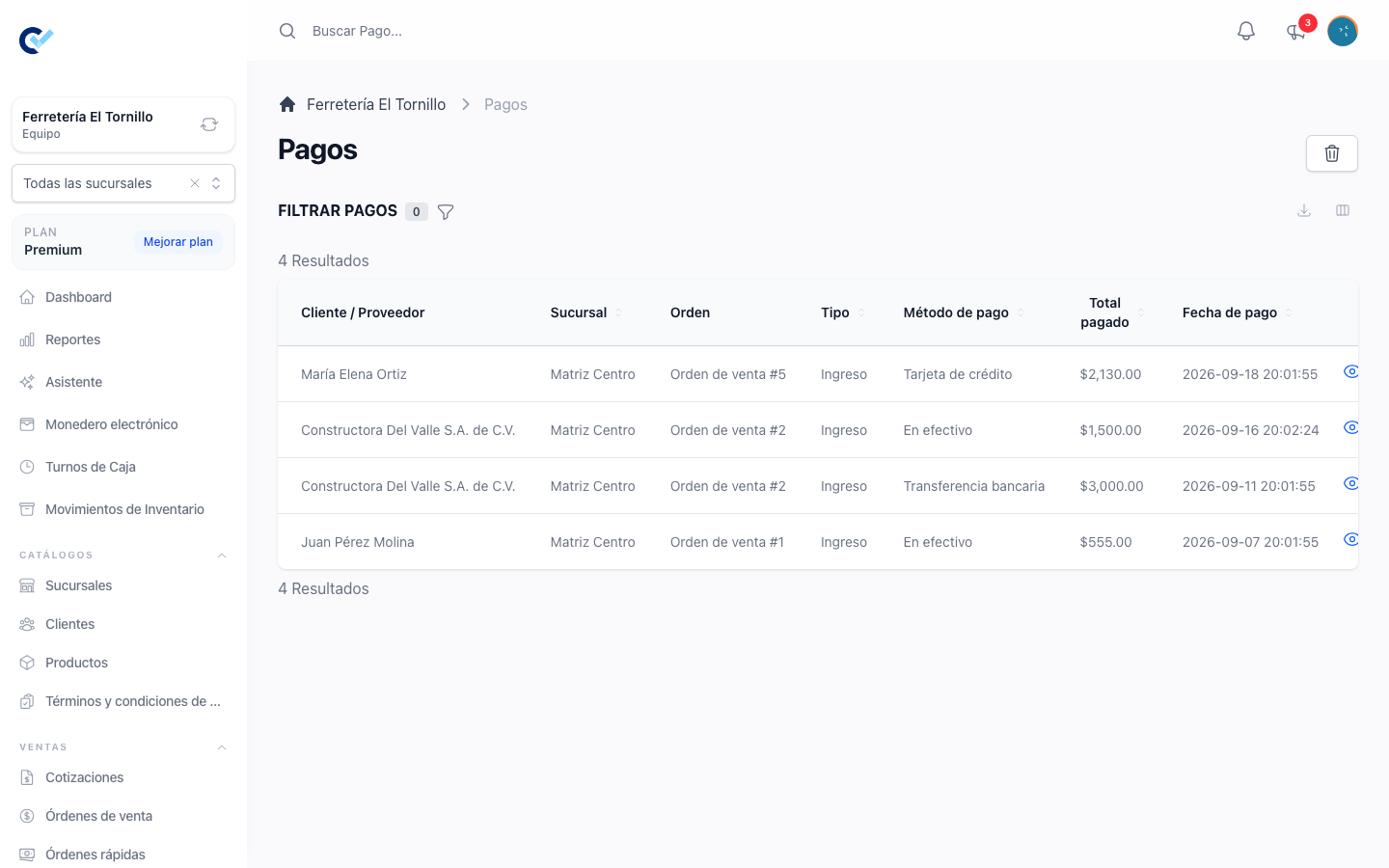 The payments list
