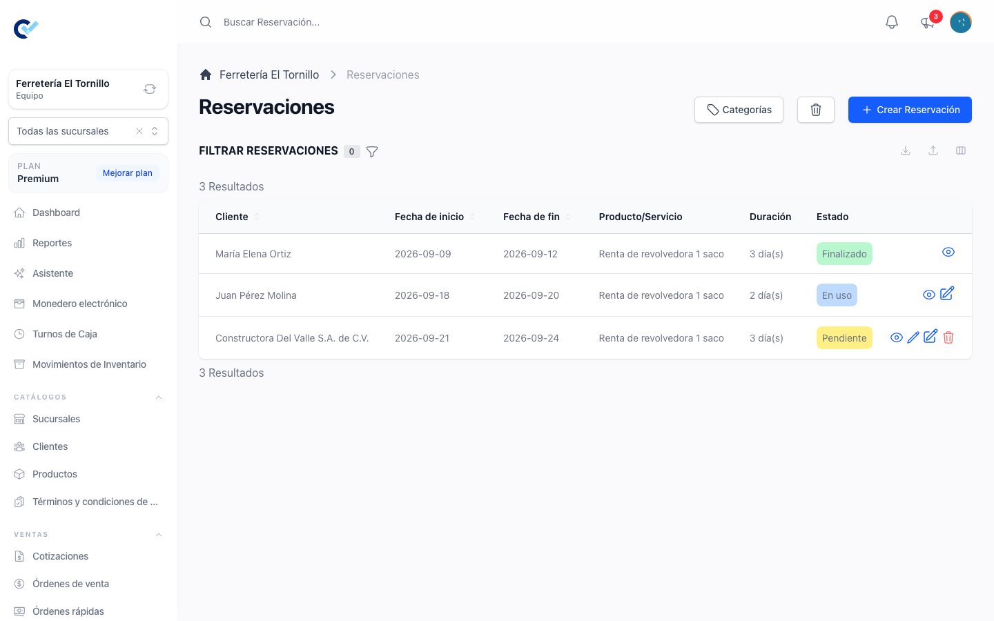 The reservations list, with the three statuses