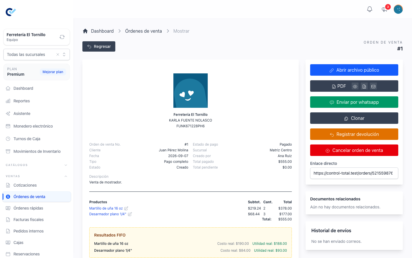 A finished sell order, with Register return among its actions